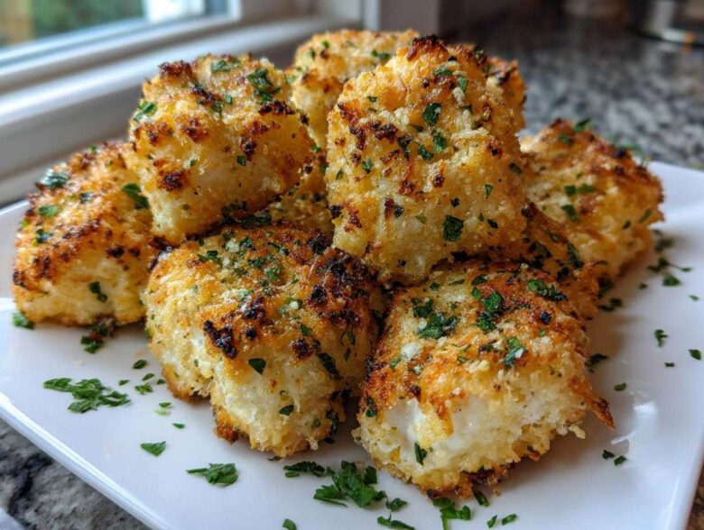 Close-up of golden brown, crispy Air Fryer Garlic Parmesan Chicken pieces garnished with parsley.