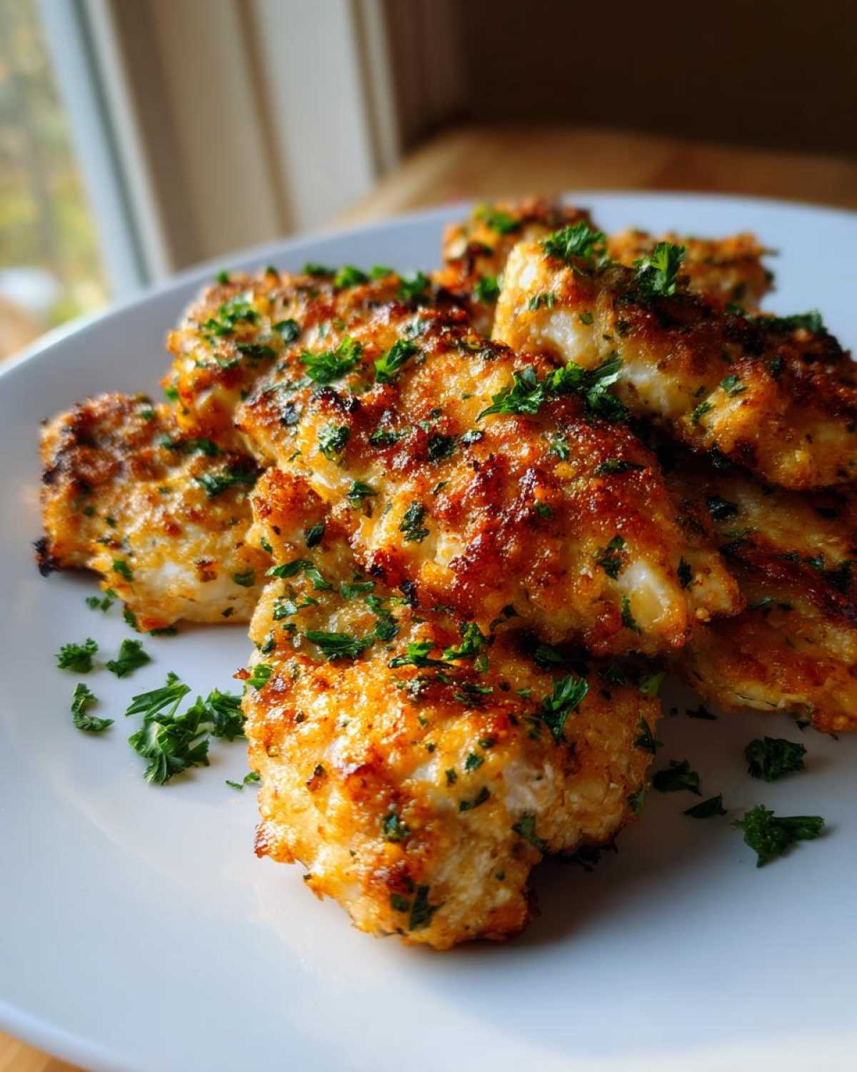 Close-up of crispy, golden Air Fryer Garlic Parmesan Chicken pieces garnished with fresh parsley on a white plate.