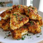 Close-up of golden brown, crispy Air Fryer Garlic Parmesan Chicken pieces topped with fresh parsley.