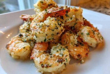 A close-up of cooked Air Fryer Garlic Parmesan Shrimp piled on a white plate, coated in herbs and crispy garlic.