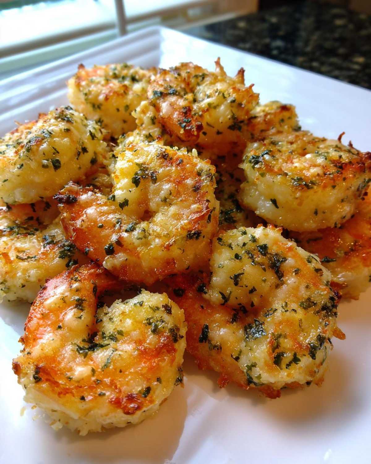 A pile of golden brown Air Fryer Garlic Parmesan Shrimp, coated in melted cheese and green herbs, served on a white plate.