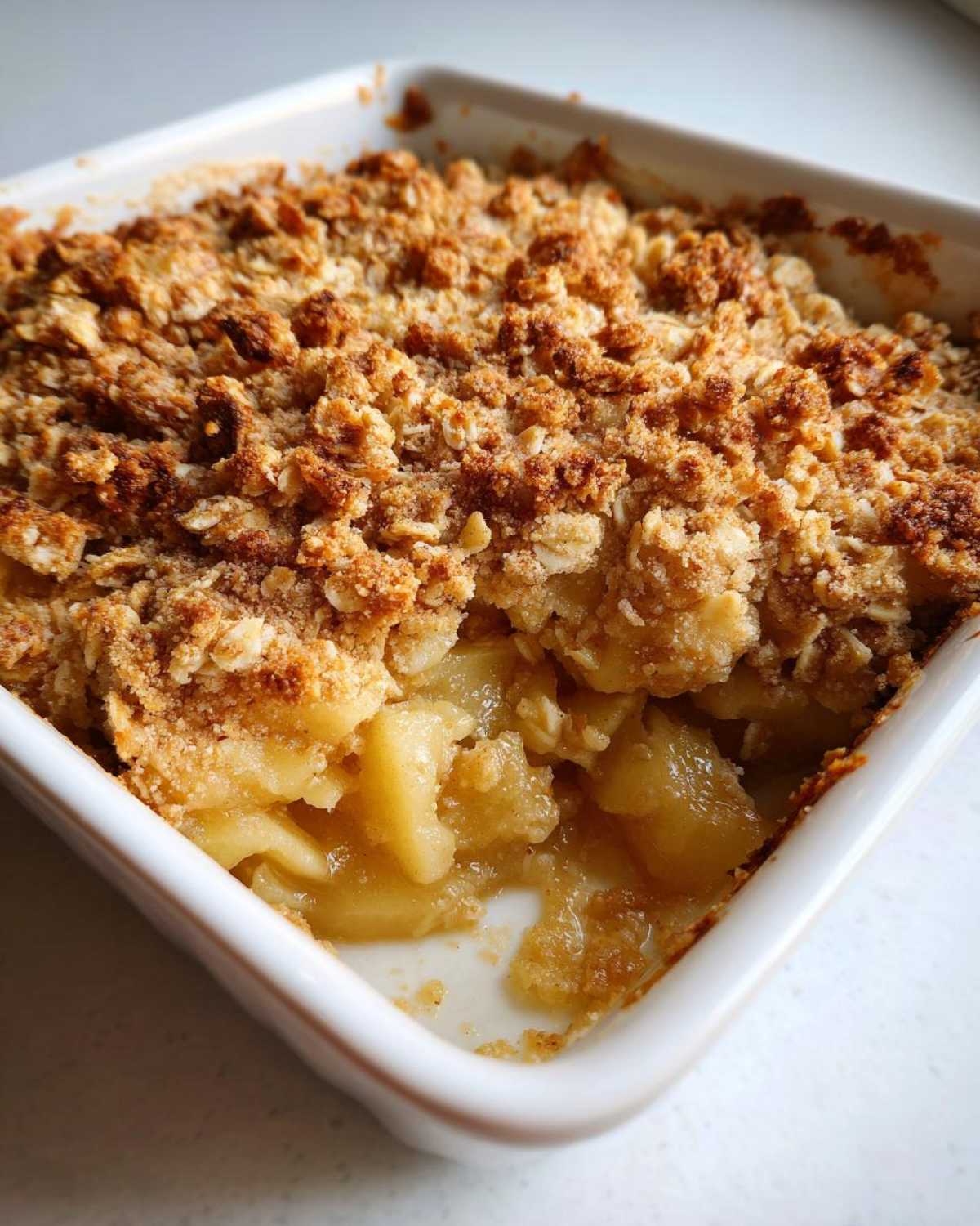 Close-up of a freshly baked Apple Crisp showing the golden, crunchy oat topping over soft, bubbling apple filling in a white baking dish.