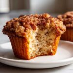 Close-up of a delicious Apple Cinnamon Crumb Muffins with a bite taken out, showing the moist interior and crumb topping.