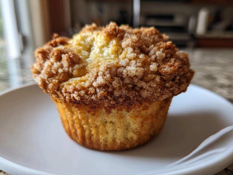 A single, golden Apple Cinnamon Crumb Muffin sits on a white plate, featuring a thick, sugary cinnamon crumb topping.
