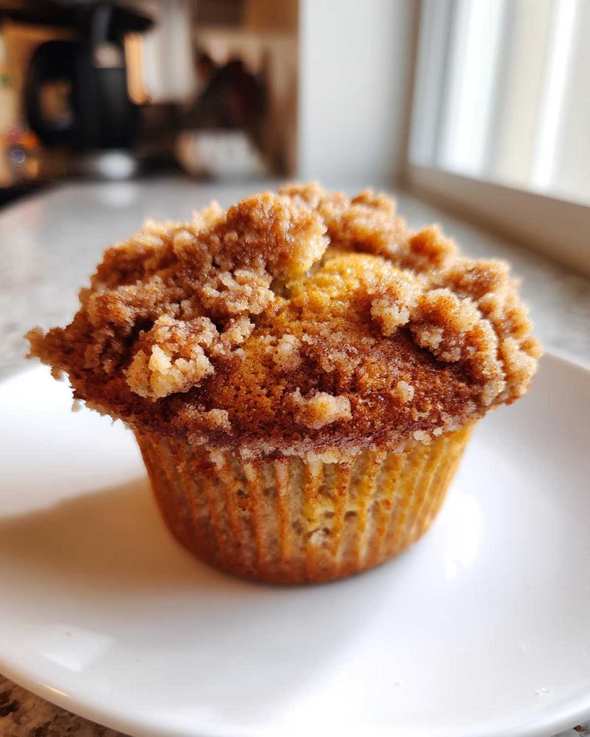 A single Apple Cinnamon Crumb Muffin with a thick, sugary cinnamon streusel topping, sitting on a white plate.