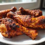 Close-up of several crispy, seasoned Baked Chicken Legs resting on a white plate near a window.