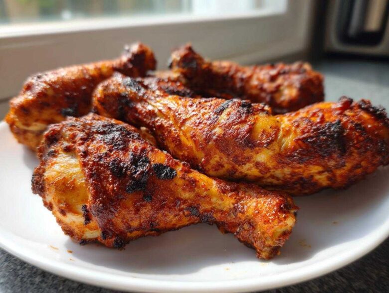 Close-up of several crispy, seasoned Baked Chicken Legs resting on a white plate near a window.
