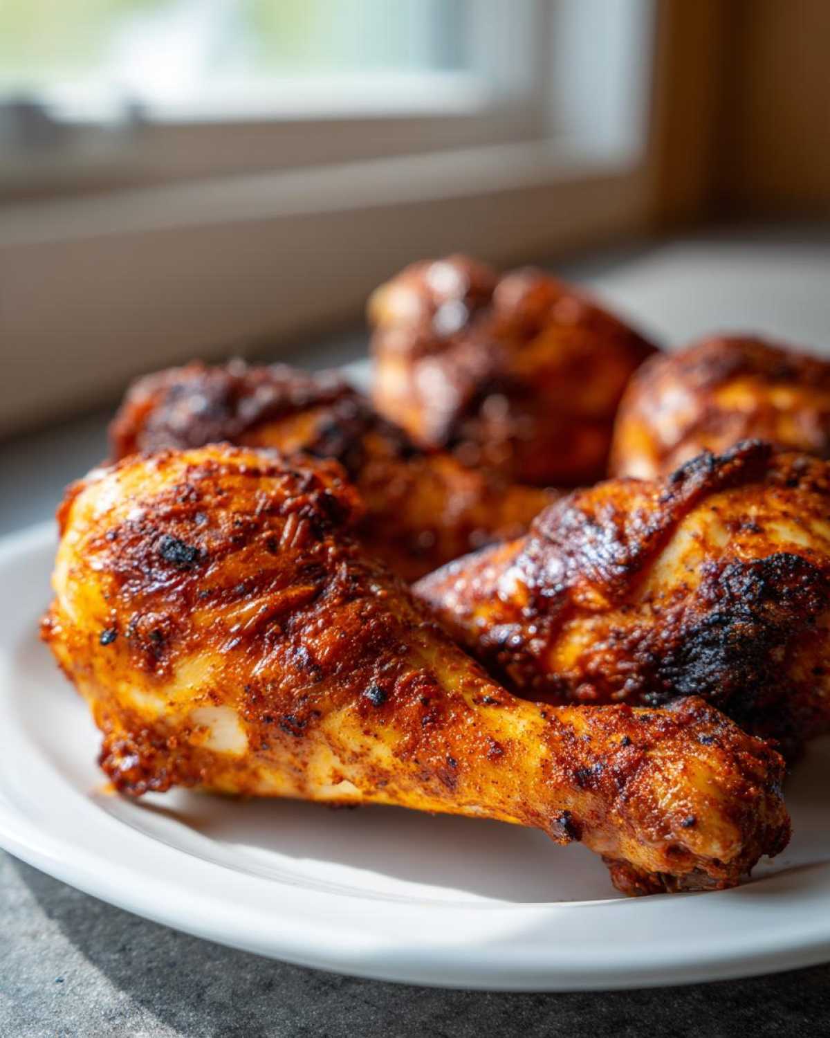 A close-up of several juicy, golden-brown Baked Chicken Legs seasoned with paprika, resting on a white plate.