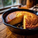 A freshly baked, golden brown Cast Iron Skillet Cornbread with one slice cut out, sitting on a wooden table.