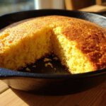 A golden brown Cast Iron Skillet Cornbread with one slice cut out, sitting on a wooden surface in bright sunlight.