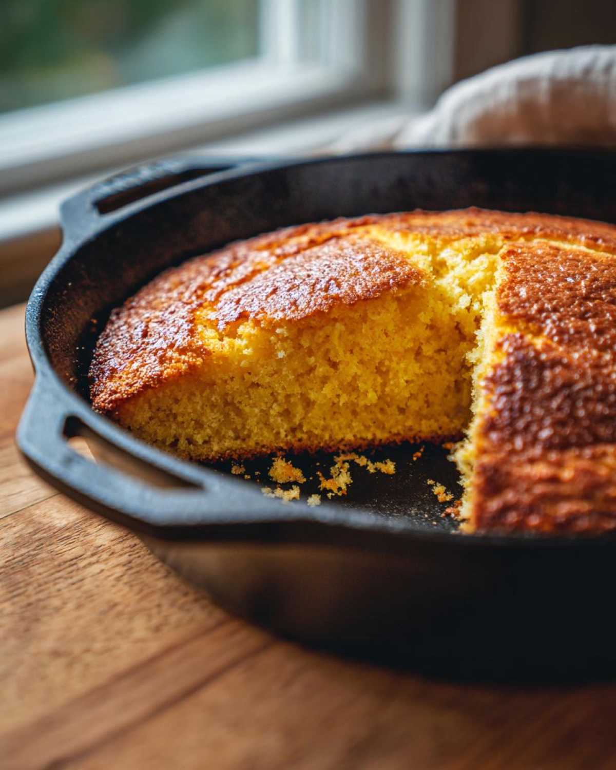 A golden, moist slice of Cast Iron Skillet Cornbread sits in the black skillet with one piece cut out.