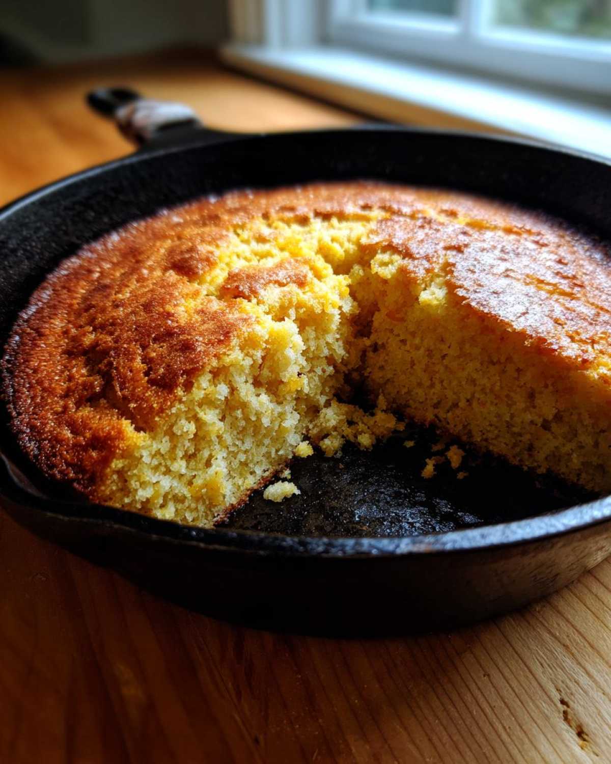 A close-up of golden brown Cast Iron Skillet Cornbread baked in a black skillet, with one piece already cut out.