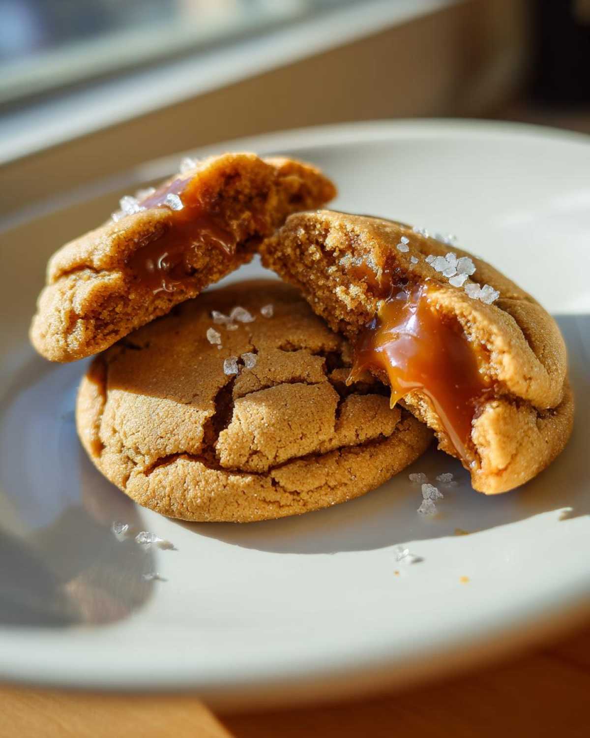 Close-up of chewy Salted Caramel Cookies, one broken open to show the gooey caramel center and topped with flaky sea salt.