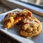 Close-up of a chewy Salted Caramel Cookie broken in half, revealing a gooey caramel center and topped with flaky sea salt.