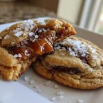Close-up of a chewy Salted Caramel Cookies broken in half showing a gooey caramel filling and topped with flaky sea salt.