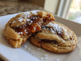 Close-up of a chewy Salted Caramel Cookies broken in half showing a gooey caramel filling and topped with flaky sea salt.