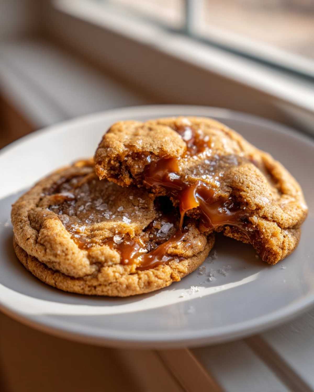Two chewy Salted Caramel Cookies on a plate, one broken open revealing a molten caramel center and topped with flaky sea salt.