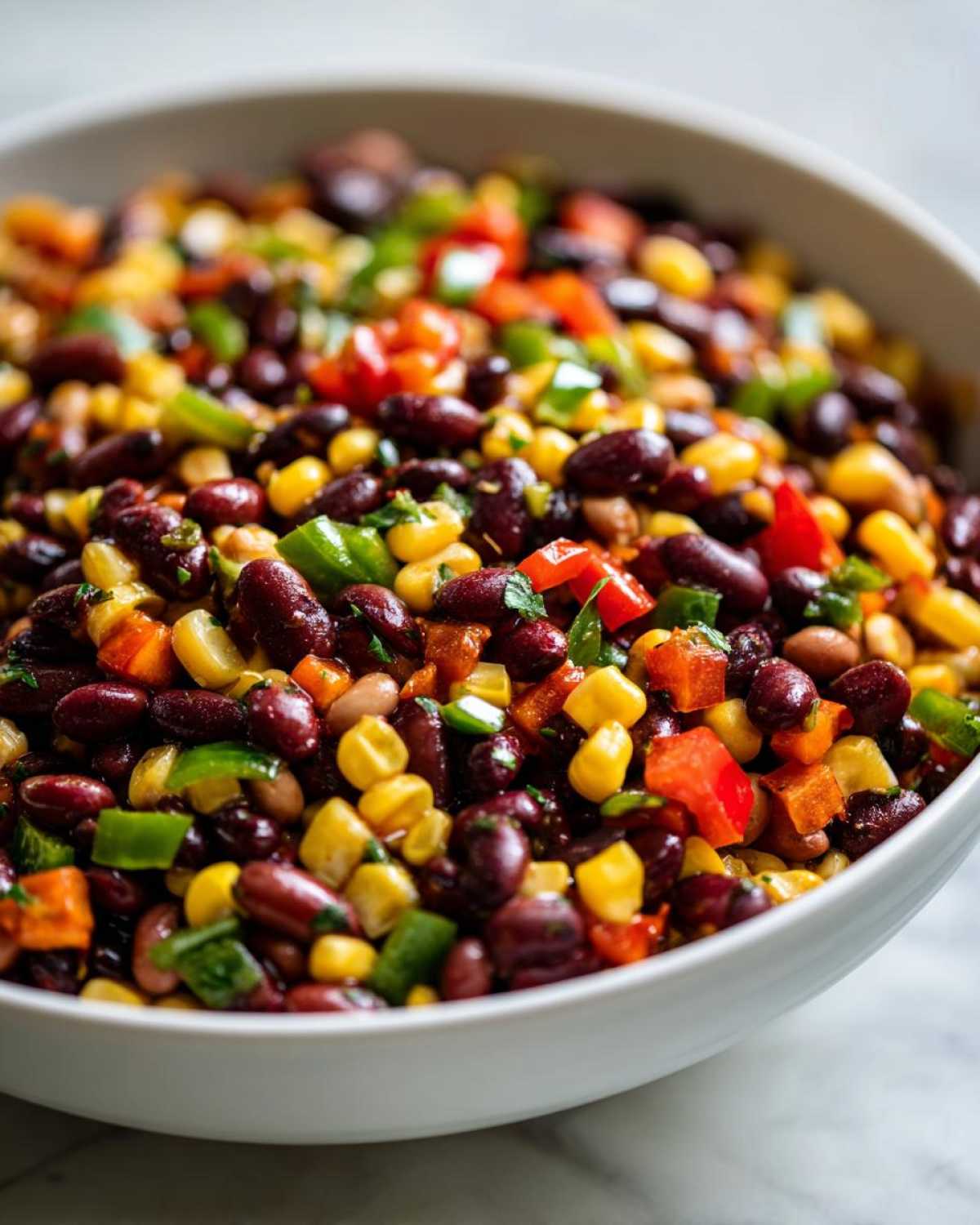 Close-up of vibrant Cowboy Caviar Dip featuring kidney beans, corn, red, and green peppers.