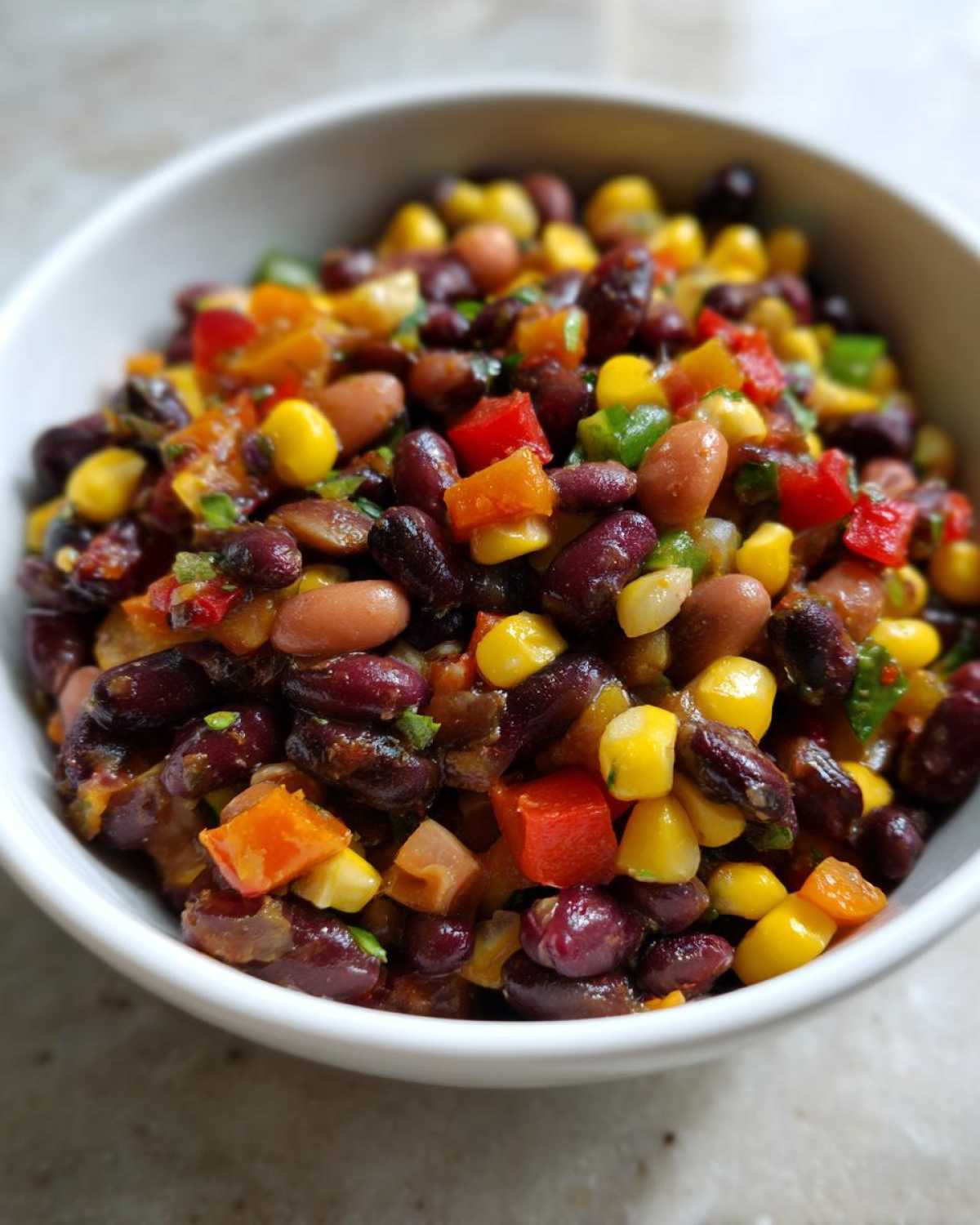Close-up of vibrant Cowboy Caviar Dip featuring kidney beans, black beans, corn, and diced peppers in a white bowl.