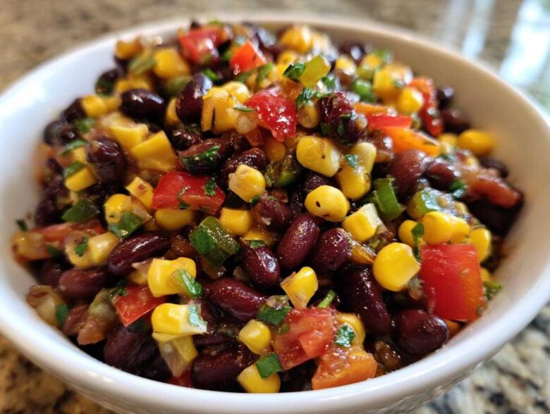 A close-up view of vibrant Cowboy Caviar Dip featuring black beans, yellow corn, red peppers, and green herbs in a white bowl.
