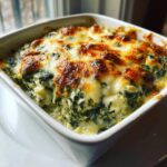 Close-up of hot, creamy Spinach Dip baked in a white square dish with a bubbly, browned cheese crust.