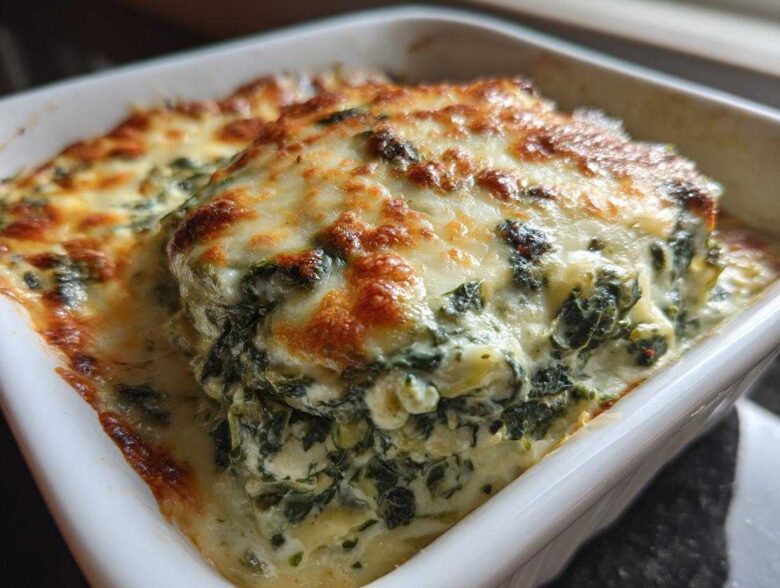 Close-up of hot, baked creamy Spinach Dip topped with melted, golden-brown cheese in a white baking dish.