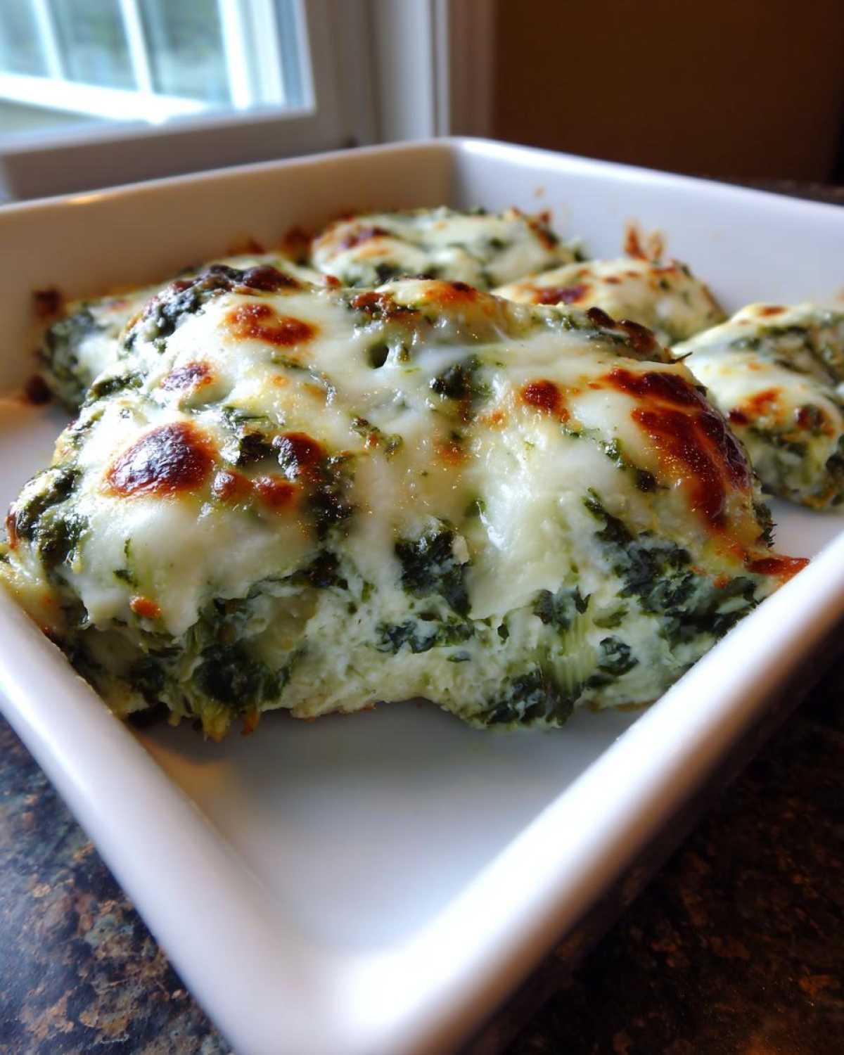 Close-up of baked, individual portions of creamy Spinach Dip topped with bubbly, browned mozzarella cheese.