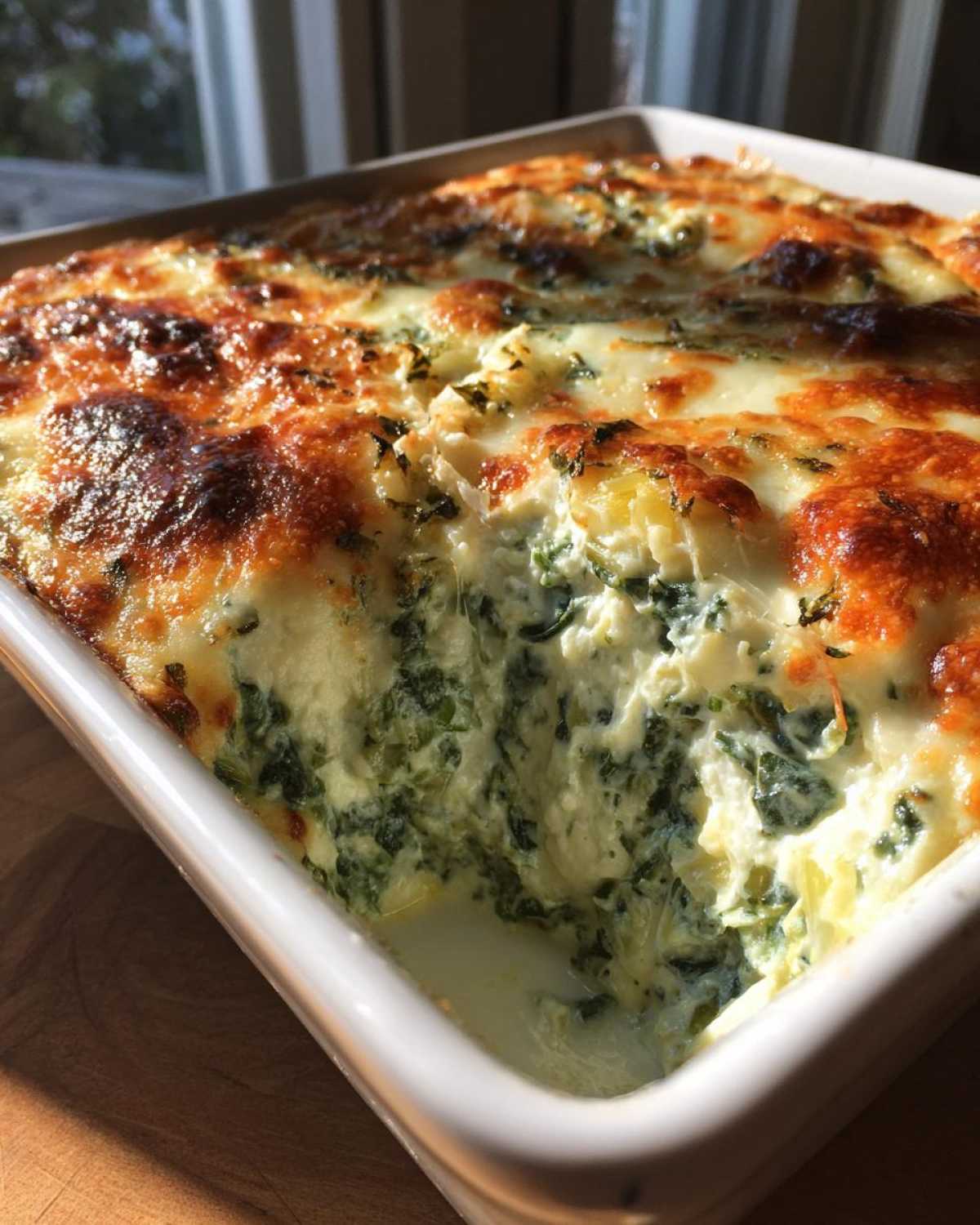 Close-up of hot, creamy Spinach Dip in a white baking dish with a bubbly, browned cheese top.