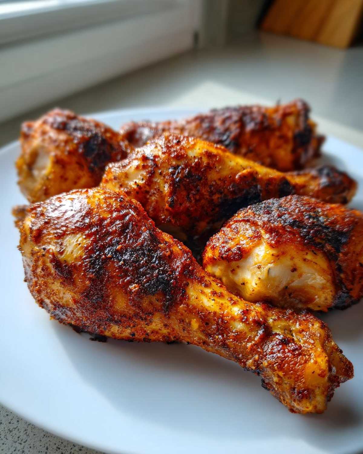 Close-up of several crispy, seasoned Baked Chicken Legs arranged on a white plate, showing a rich, dark orange crust.
