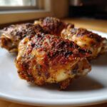 Close-up of four perfectly cooked Herb Roasted Chicken Thighs with crispy, seasoned skin served on a white plate.