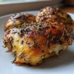 Close-up of three crispy Herb Roasted Chicken Thighs seasoned heavily with rosemary on a white plate.