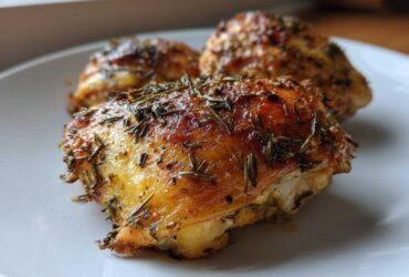 Close-up of three crispy Herb Roasted Chicken Thighs seasoned heavily with rosemary on a white plate.