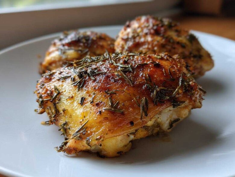 Close-up of three crispy Herb Roasted Chicken Thighs seasoned heavily with rosemary on a white plate.