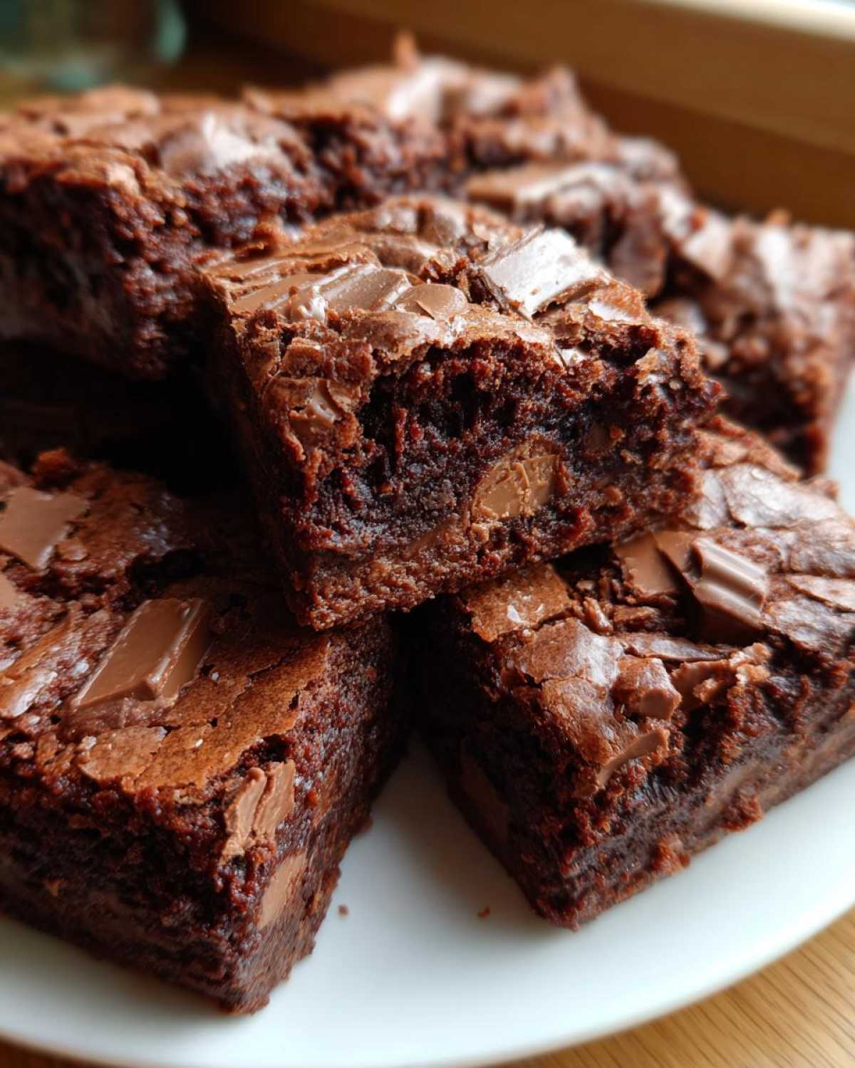 Close-up of several fudgy Kit Kat Brownie Bars stacked on a white plate, showing melted chocolate chunks inside.