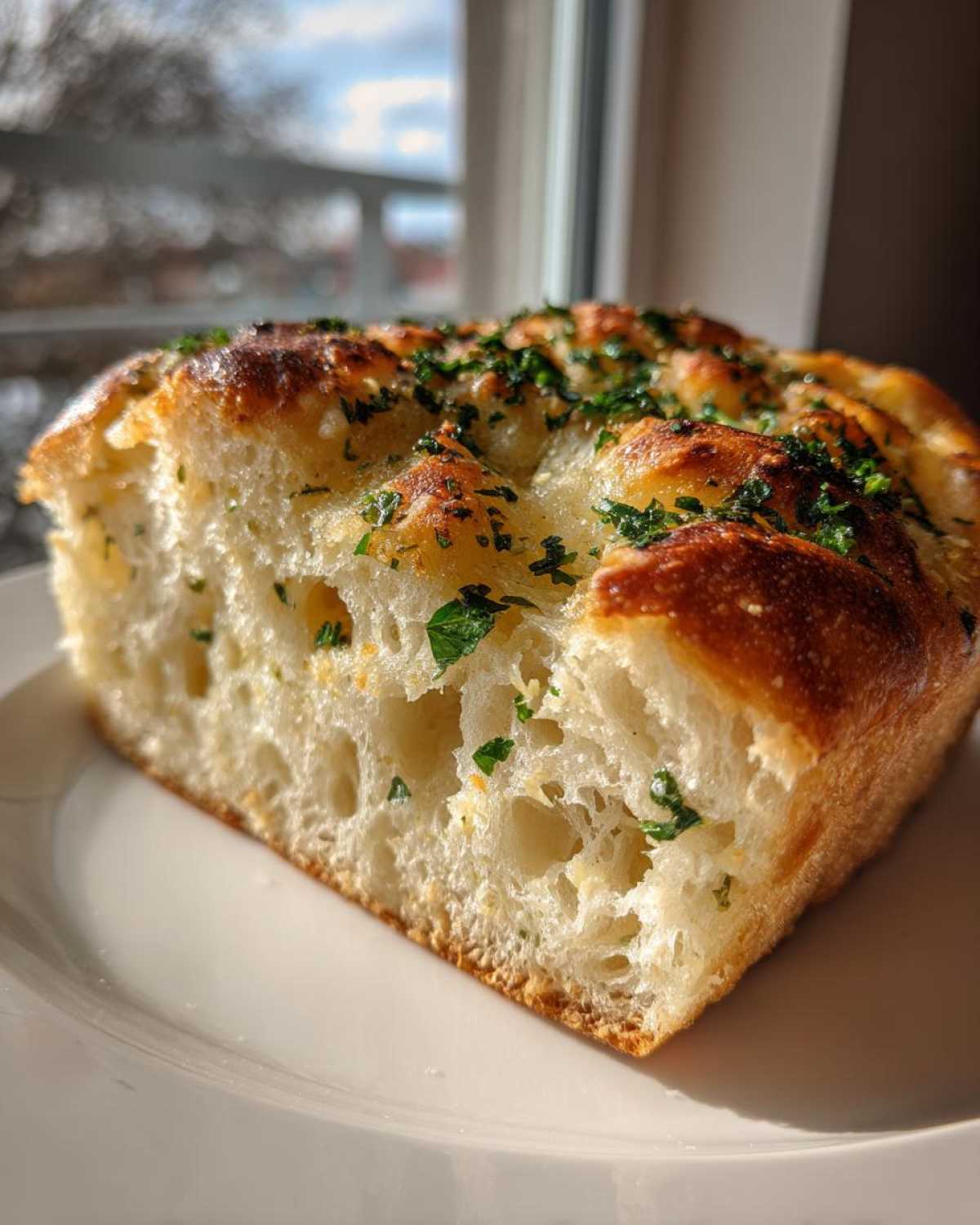 Close-up of a thick, airy slice of Garlic Parmesan Focaccia Bread topped with herbs.