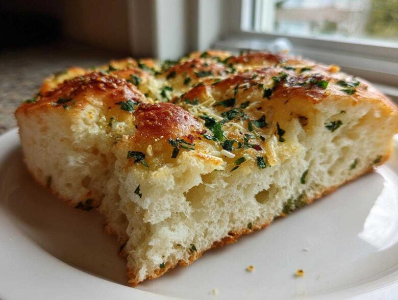 A thick slice of fluffy Garlic Parmesan Focaccia Bread topped with melted cheese and fresh parsley.