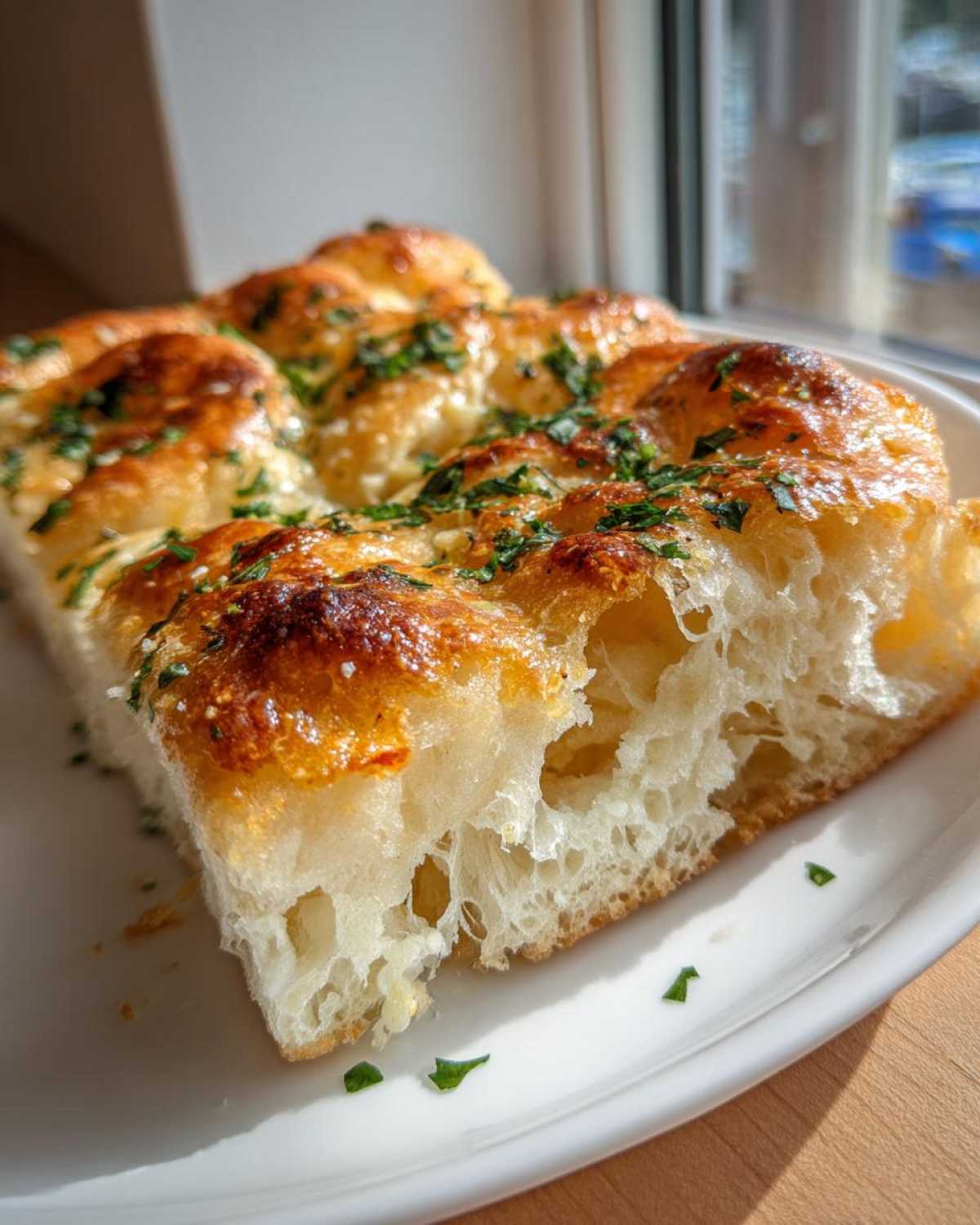 A thick, fluffy slice of golden-brown Garlic Parmesan Focaccia Bread topped with herbs, showing its airy interior.