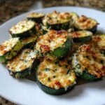 Close-up of freshly baked Garlic Parmesan Zucchini Roast slices piled on a white plate, topped with melted, browned cheese.