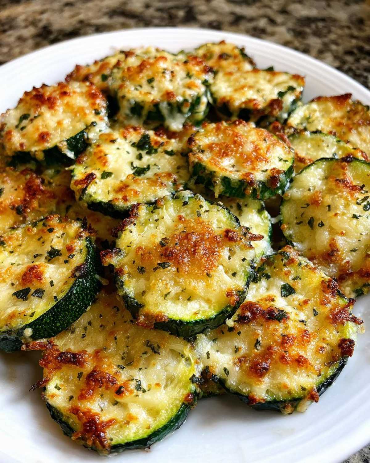 Close-up of roasted zucchini slices topped with melted, browned Garlic Parmesan Zucchini Roast mixture and herbs.