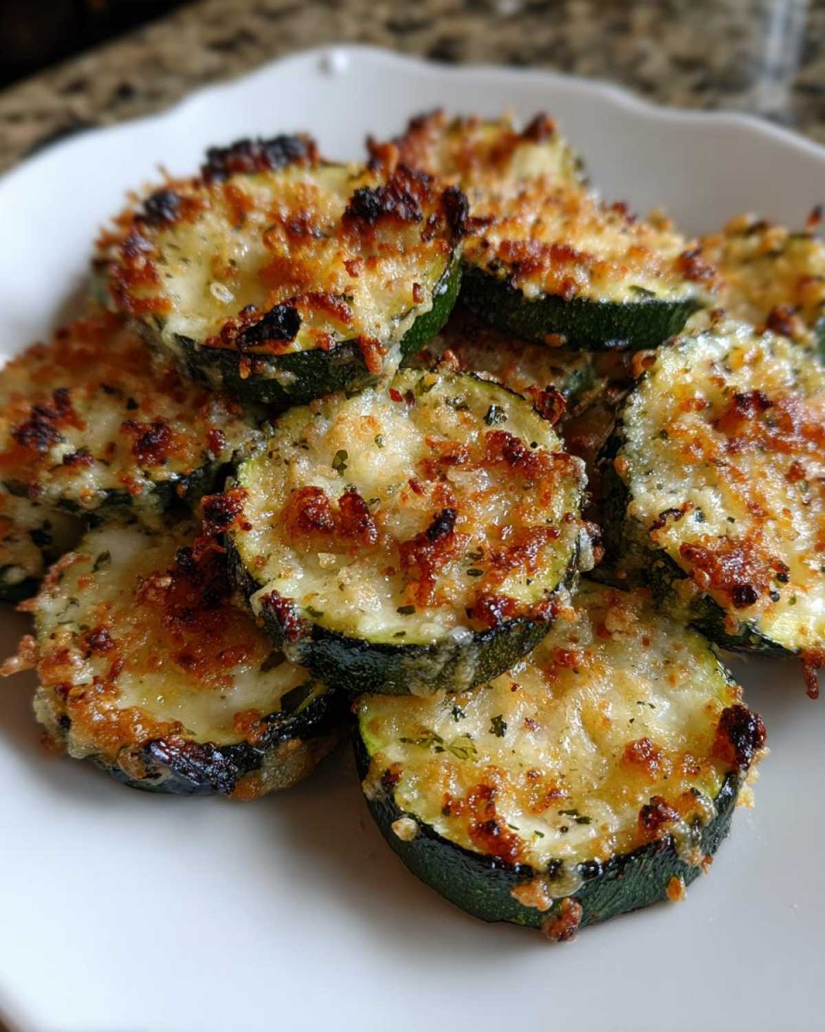 Close-up of roasted zucchini slices topped with melted, browned Garlic Parmesan Zucchini Roast topping on a white plate.