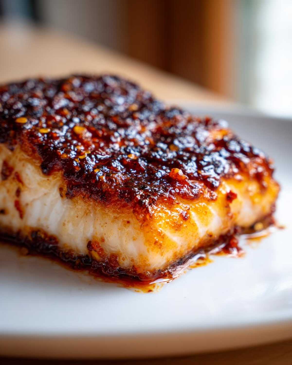 A close-up of a thick, flaky fillet of Gochujang Honey Glazed Salmon with a dark, caramelized, spicy-sweet crust.