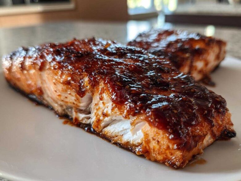 A close-up of a flaky salmon fillet generously coated in a dark, sticky Gochujang Honey Glazed Salmon sauce.
