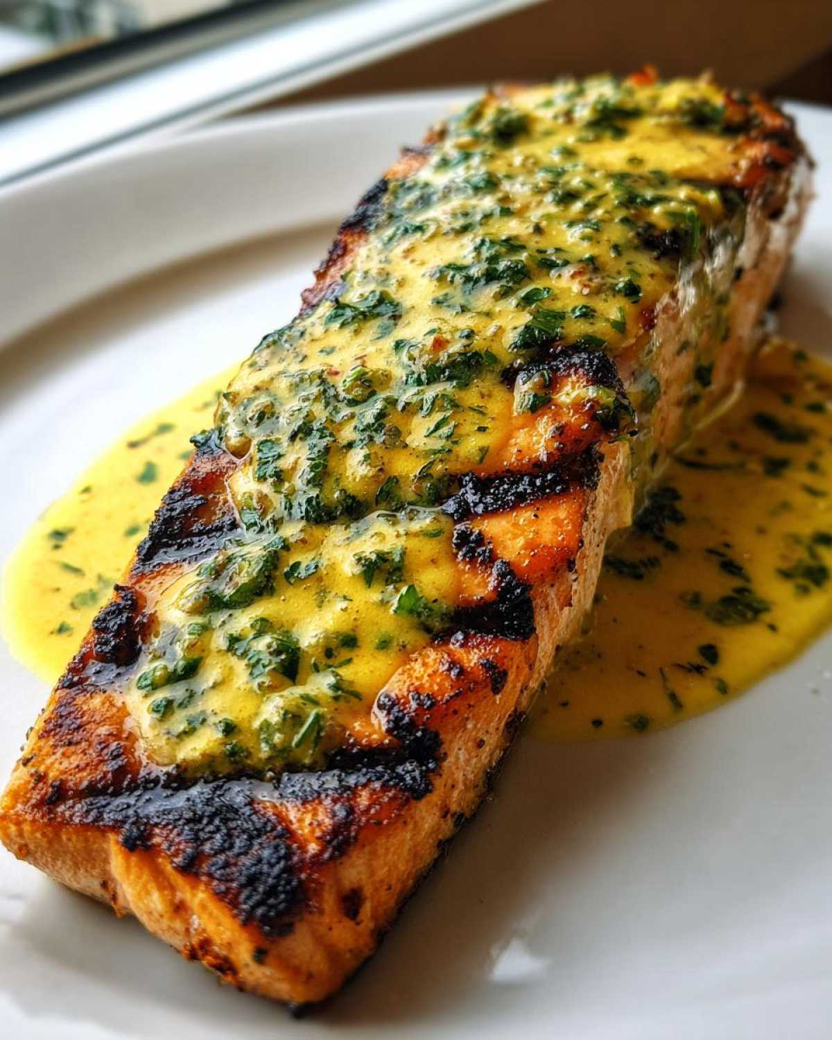 Close-up of perfectly Grilled Salmon with Lemon Butter Sauce, featuring char marks and a rich yellow herb sauce.