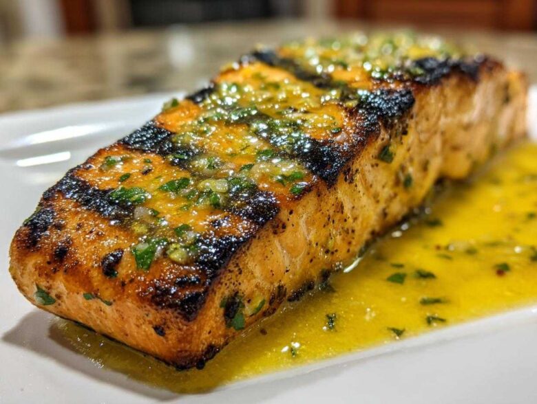 Close-up of a perfectly grilled salmon fillet generously topped with lemon butter sauce and fresh herbs.