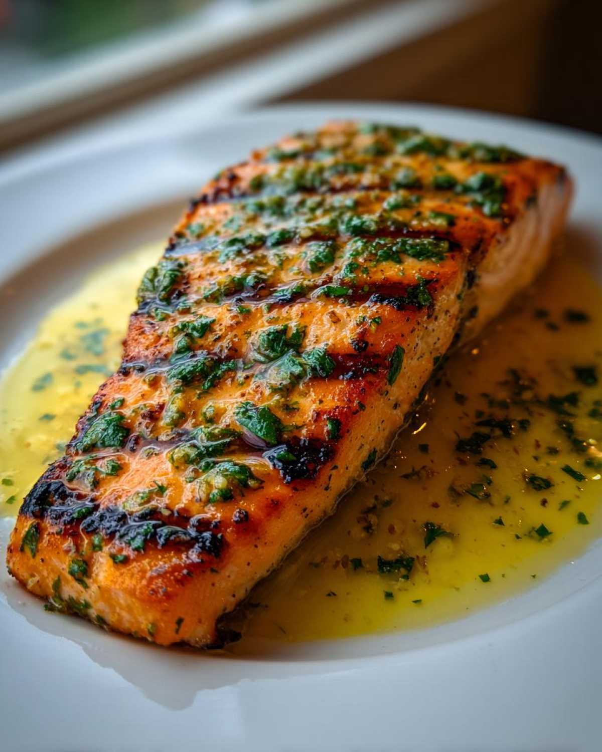 A perfectly cooked fillet of Grilled Salmon with Lemon Butter Sauce, featuring visible grill marks and topped with fresh herbs.