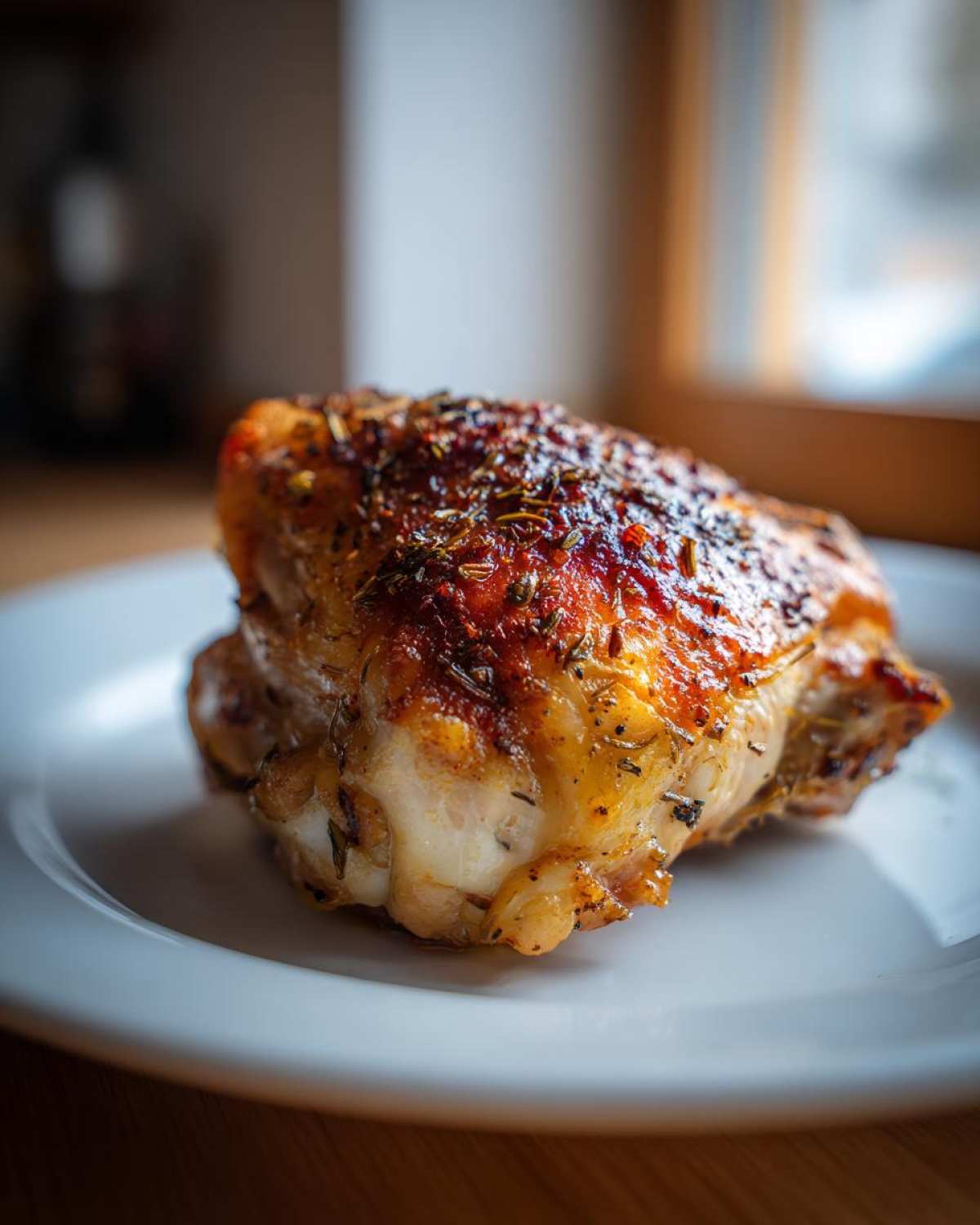 A close-up of a perfectly cooked Herb Roasted Chicken Thighs with crispy, seasoned skin on a white plate.