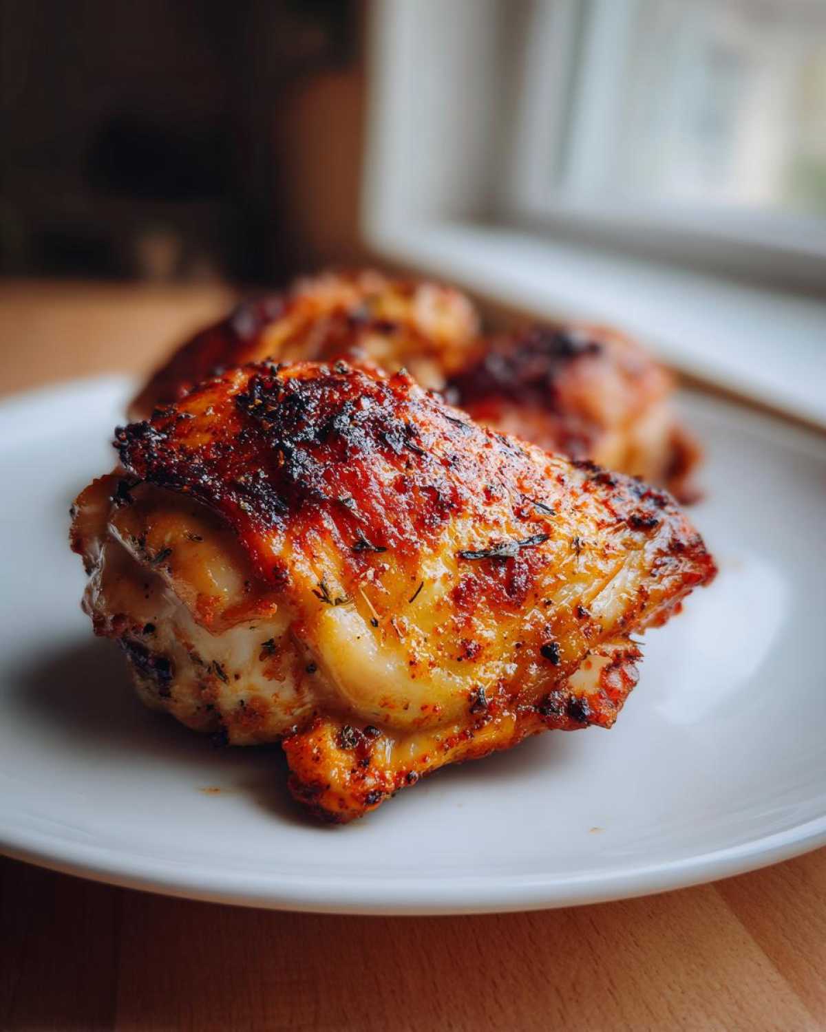 Close-up of a perfectly cooked Herb Roasted Chicken Thighs with crispy, seasoned skin on a white plate.