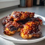 A plate piled high with glossy Honey Garlic Boneless Chicken Thighs coated in a dark, sticky glaze and sprinkled with sesame seeds.