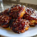 A plate piled high with sticky, glazed Honey Garlic Boneless Chicken Thighs sprinkled with sesame seeds.