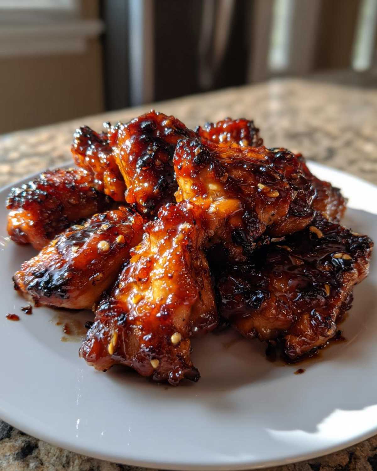 A pile of sticky, caramelized Honey Garlic Boneless Chicken Thighs glistening with sauce and sprinkled with sesame seeds.